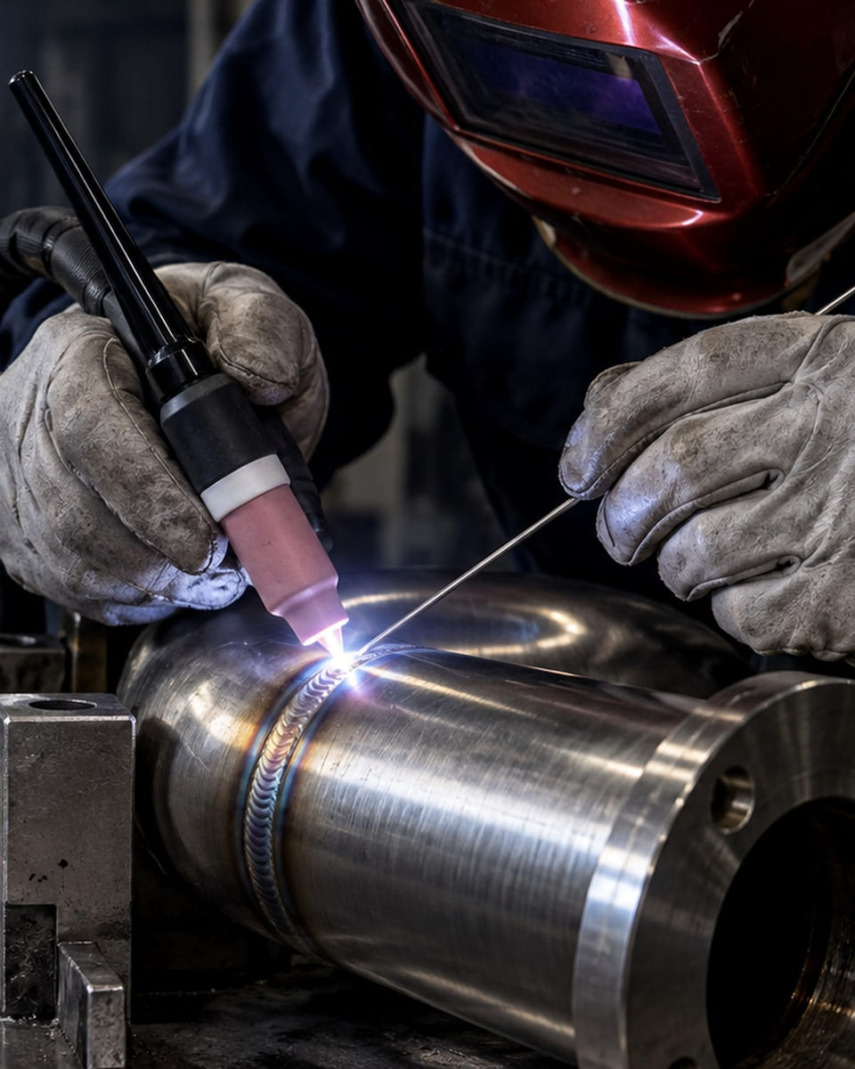 Soudeur DEVIK réalisant une soudure TIG de précision sur un arbre inox bridé en atelier